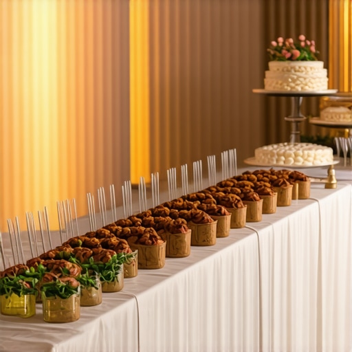 Elegant Wedding Catering Setup A beautifully arranged wedding catering station with personalized decor and ambient lighting
