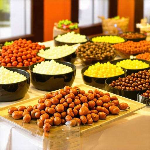 Elegant personalized corporate buffet with regional decor Luxurious corporate buffet with branding and regional decor