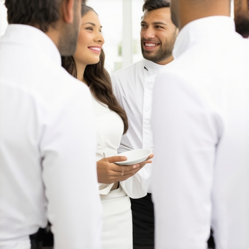 Catering staff engaging with distinguished guests at a corporate event, showcasing professionalism and personalized attention.