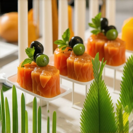 Innovative Corporate Catering Presentation Elegant catering display with modern, artistic food presentations and branded elements.