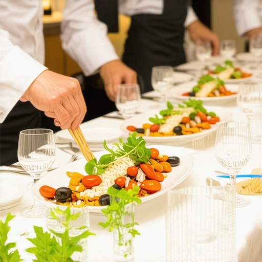 Sophisticated Corporate Catering Setup Elegant catering setup at a corporate event with attentive staff