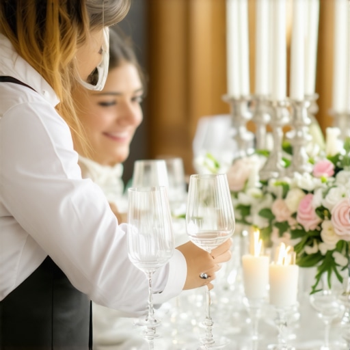 Caterers serving guests at a wedding reception with attentive staff and beautiful decor