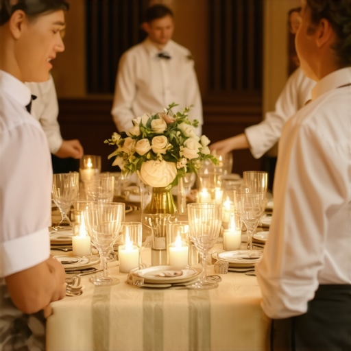 Catering staff serving guests at a beautifully decorated wedding reception