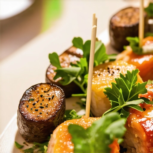 Wedding catering scene with servers presenting diverse dishes and happy guests.