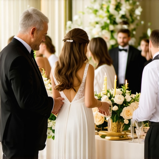 Elegant wedding reception with professional servers Wedding servers in formal attire serving guests at a decorated venue.