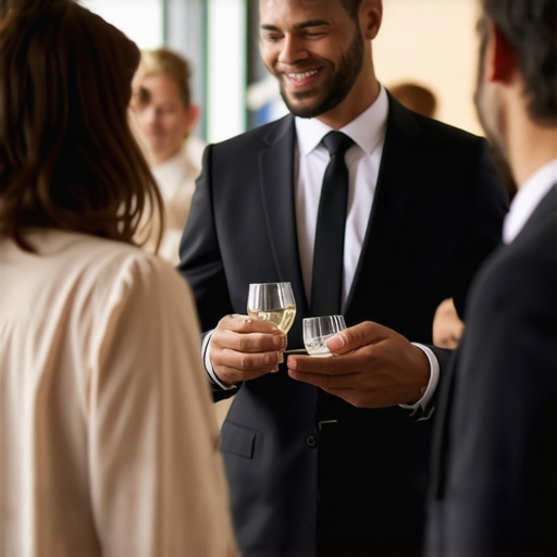 A professional server smiling and interacting attentively with guests at a corporate event.