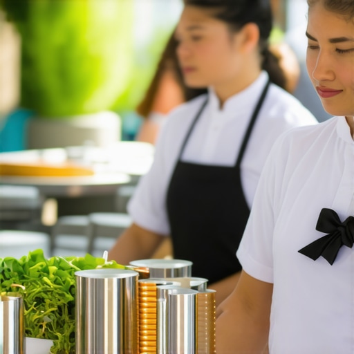 Catering staff serving guests at a corporate event with eco-friendly setup and interactive food stations