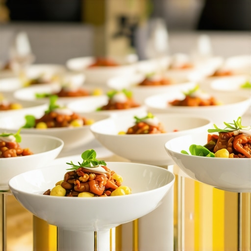 Upscale catering event with professional servers and beautifully presented dishes