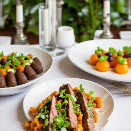 Beautifully plated eco-conscious wedding dishes at a luxurious event