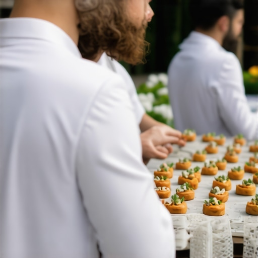 Professional wedding catering staff serving guests at a sophisticated outdoor wedding