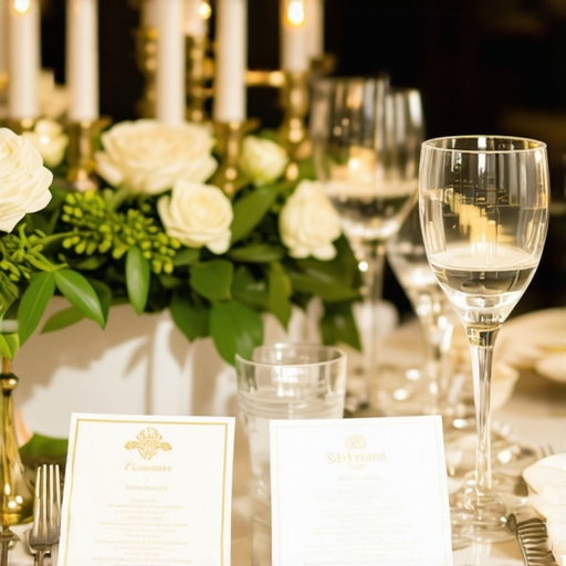 Elegant wedding catering setup with personalized menus and attentive staff