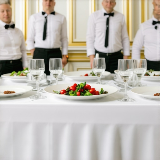 Catering staff serving at a corporate event with elegant setup