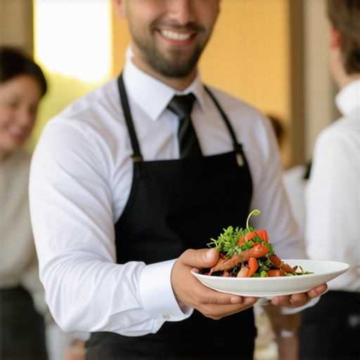 Server confidently serving food and engaging with guests at a corporate event, modern setting