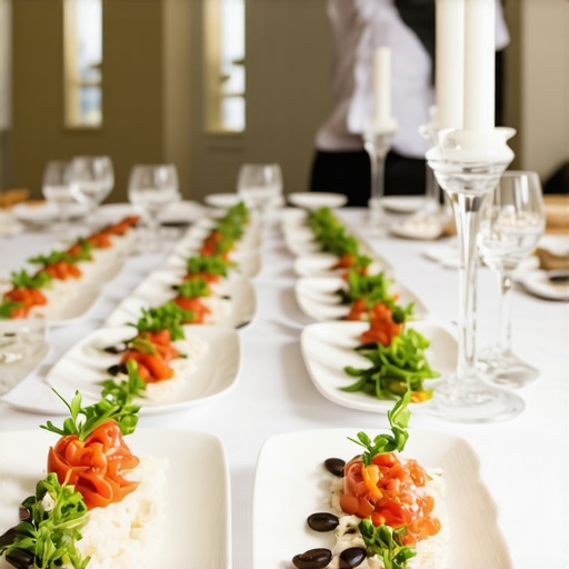 Elegant catering setup with attentive staff and beautifully presented dishes
