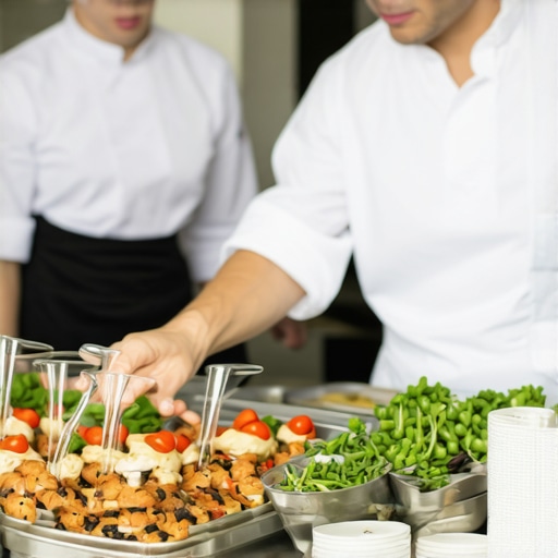 Sophisticated Corporate Catering Setup Elegant catering presentation with subtle branding and professional staff serving clients