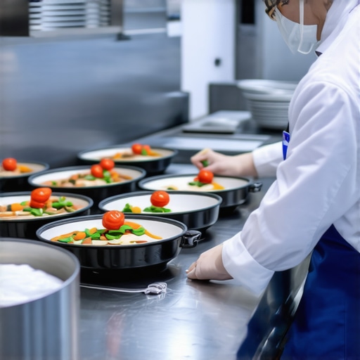 A professional catering kitchen with staff inspecting and cleaning equipment, illustrating maintenance practices for longevity.