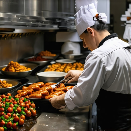 A busy catering kitchen with modern appliances and staff in action
