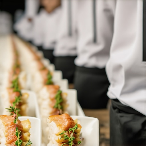 Professional catering staff serving at a corporate event with elegant setup and smooth service flow.