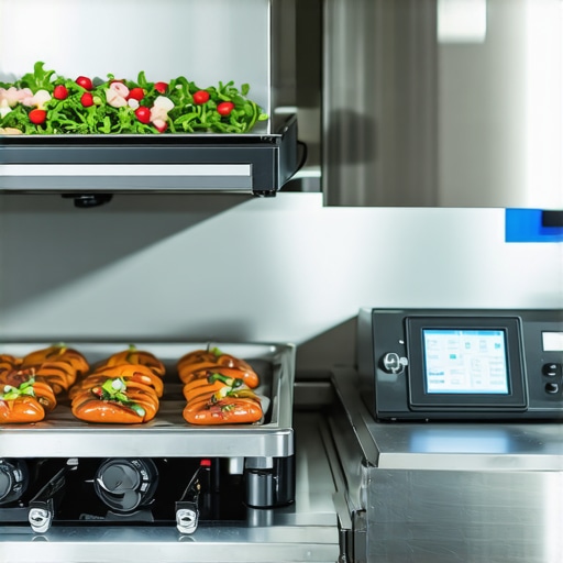 A professional catering setup featuring warming stations, digital tools, and staff using modern equipment