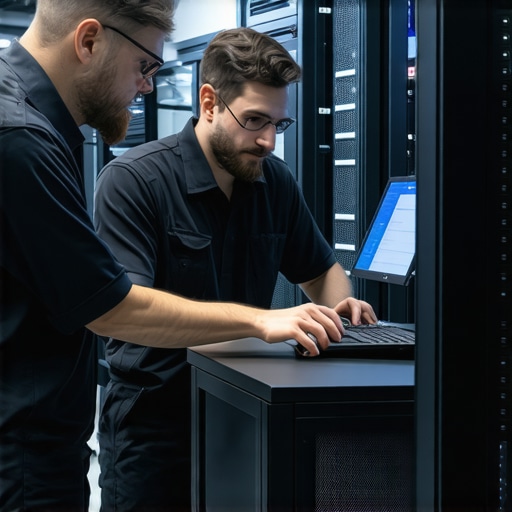 Advanced Network Infrastructure in Action Technicians managing enterprise-grade server hardware in a modern data center
