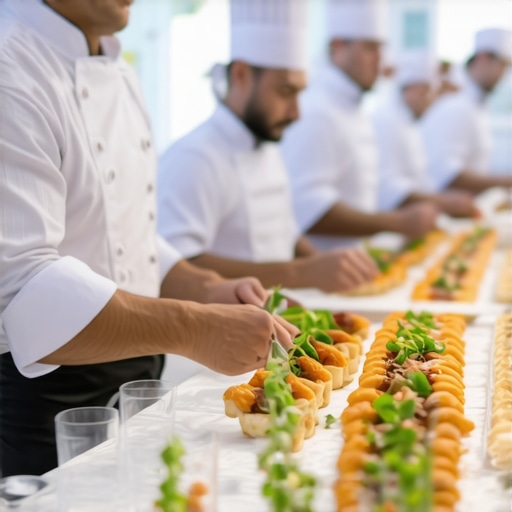 Catering staff serving guests seamlessly at a wedding or corporate event, showcasing professionalism and trust.