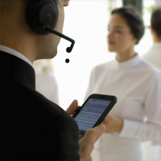 Catering staff using wireless headsets and portable POS devices for seamless service