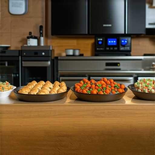 Modern Catering Equipment and Tools Catering setup featuring advanced kitchen appliances, communication headsets, and event management software on screens.