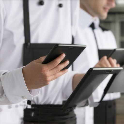 Modern catering with technology focus Catering staff using digital devices with organized kitchen equipment