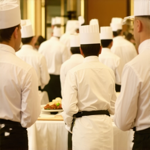 Catering staff setting up at a wedding or corporate event, wearing uniforms and arranging tables.