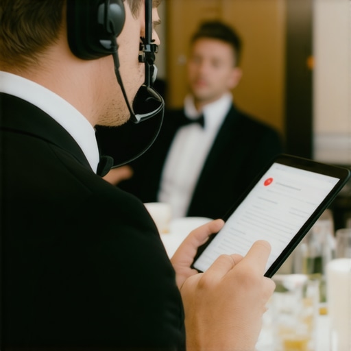 Event staff with headsets and tablets coordinating at a busy wedding
