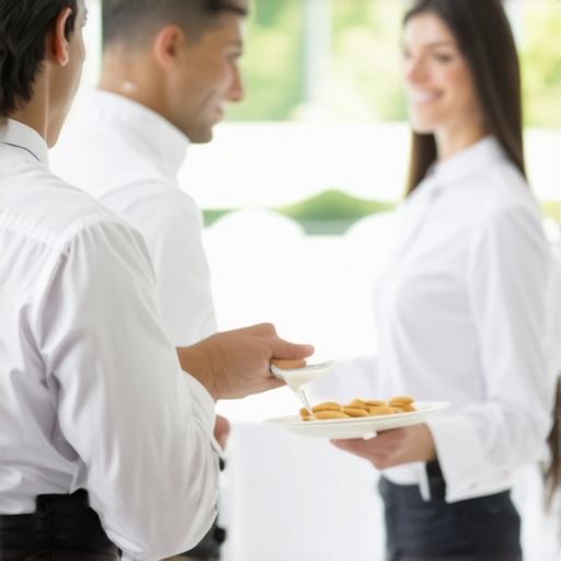 Catering staff providing attentive service to guests at a wedding reception.