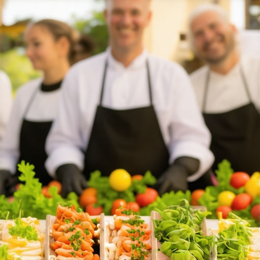 A team of professional caterers serving wedding guests efficiently and politely
