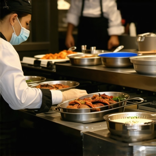 Catering staff using communication devices and monitoring equipment at a large event.