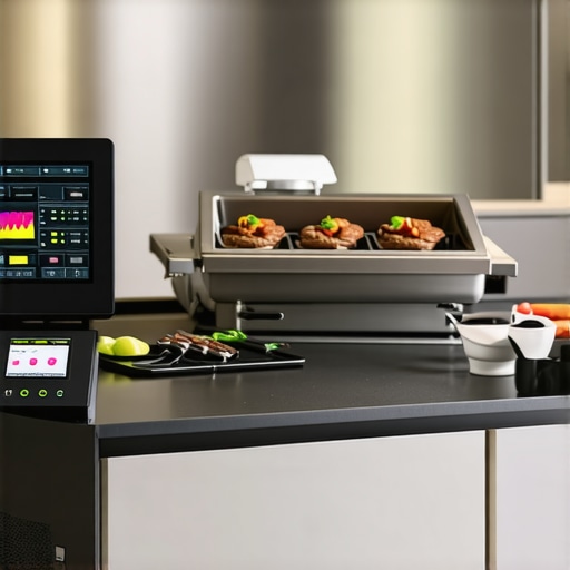 A modern catering kitchen showing maintenance tools and digital devices for equipment monitoring