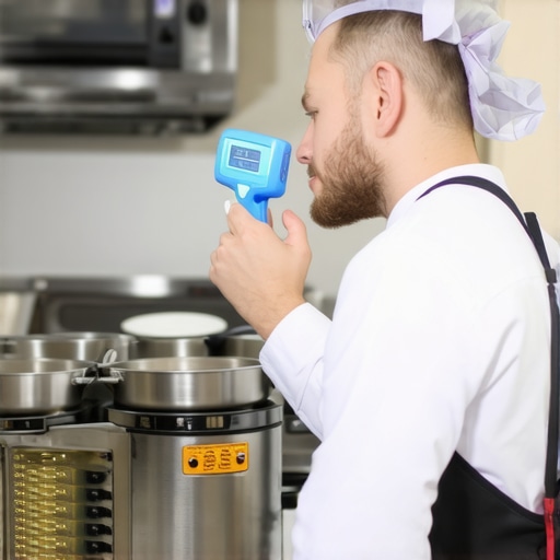 Catering Equipment Maintenance in Action Catering staff checking temperature of warming tray using infrared thermometer