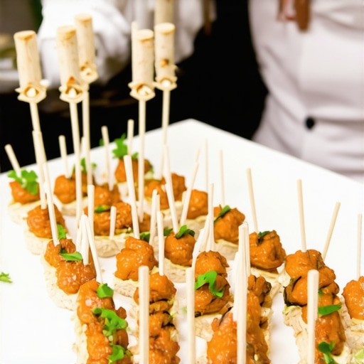 Catering Staff Serving Low-Mess Appetizers Catering staff serving bite-sized finger foods at a corporate event