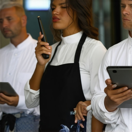 Event Staff Using Communication Tech Catering staff coordinating smoothly with radios and tablets at a corporate event