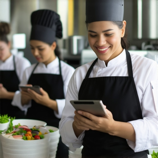 Catering staff coordinating with tablets in a professional kitchen setting.