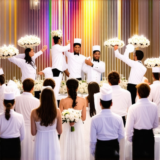 Group of skilled servers tending to guests at a wedding event, providing excellent service.