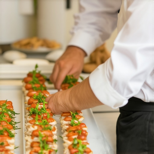 Caterers serving guests at a wedding with organized food stations and attentive staff.