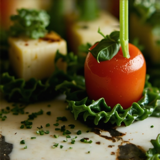 A plated wedding appetizer featuring seasonal vegetables and herbs