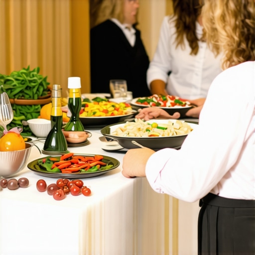 Server practicing food service skills during a mock setup at a catering event.