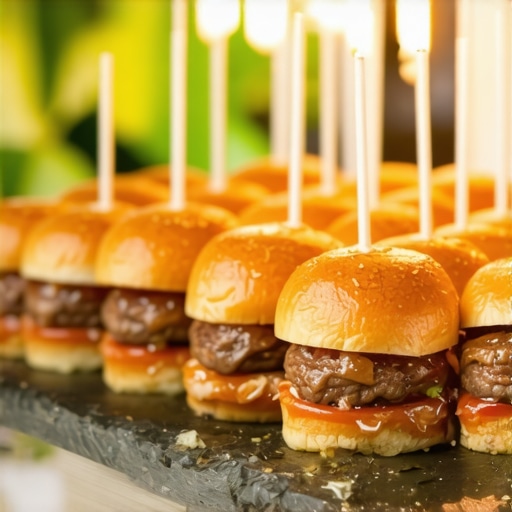 Elegant wedding catering setup featuring gourmet sliders and vibrant presentation.