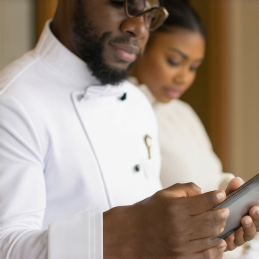 Catering team coordinating with tablets and devices during an event.