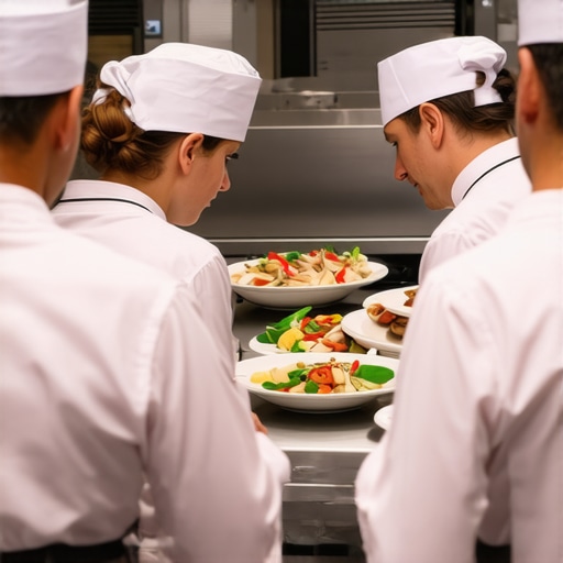 Catering staff inspecting and maintaining kitchen equipment for event readiness