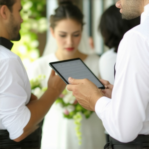Catering staff coordinating using tablets at wedding event