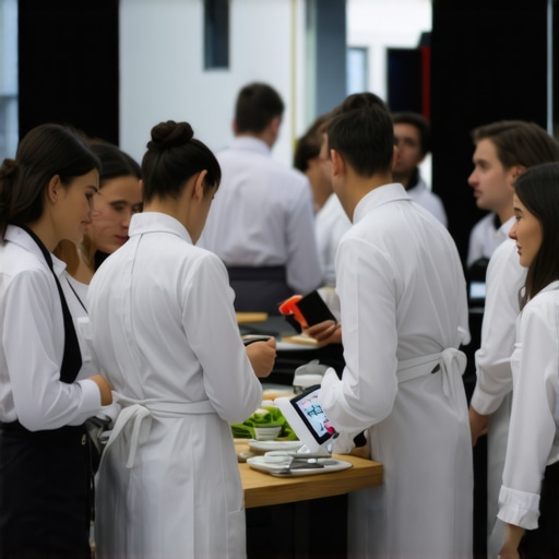 Catering staff using walkie-talkies and tablets during a professional event