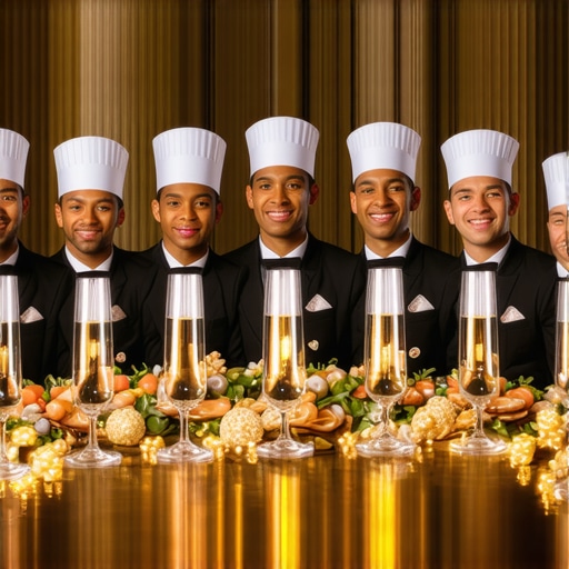 A group of well-trained servers serving guests at a high-end corporate gala
