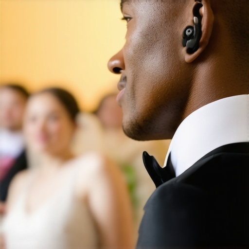 A wedding server wearing a wireless earpiece coordinating behind the scenes