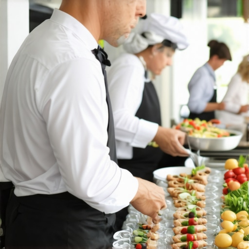Catering staff directing guests at a wedding buffet to minimize wait times.